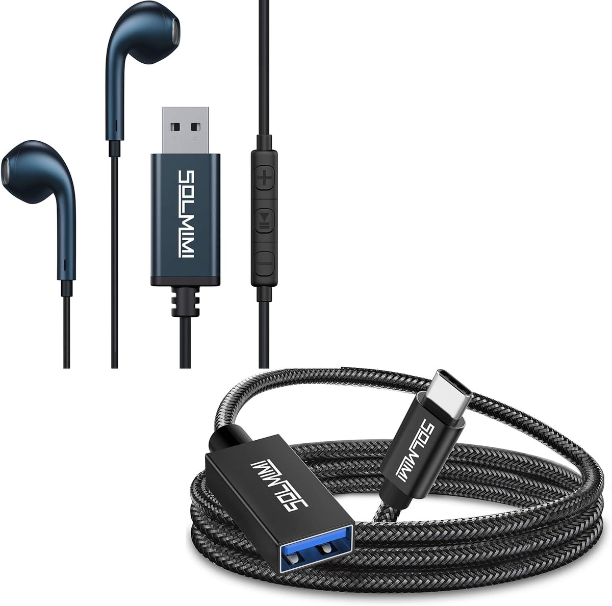 SOLMIMI Paquete de auriculares con cable USB con micrófono + adapta...