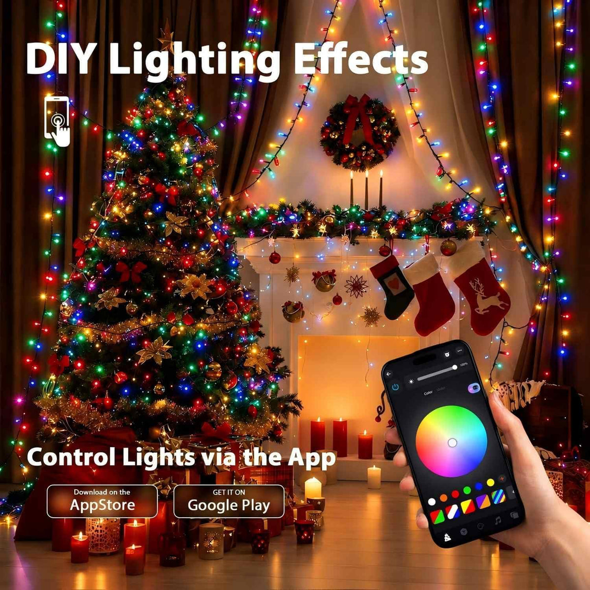 Luces de racimo de Navidad inteligentes, aplicación multicolor\/luc...