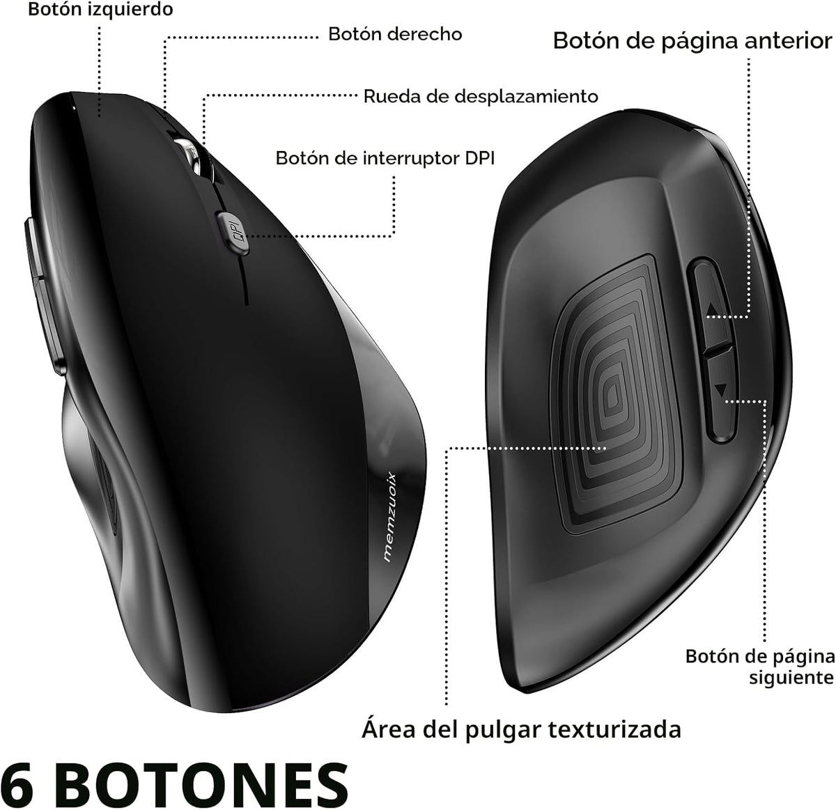 Memzuoix - Ratón inalámbrico ergonómico, 2.4G óptico sin cables, 80...