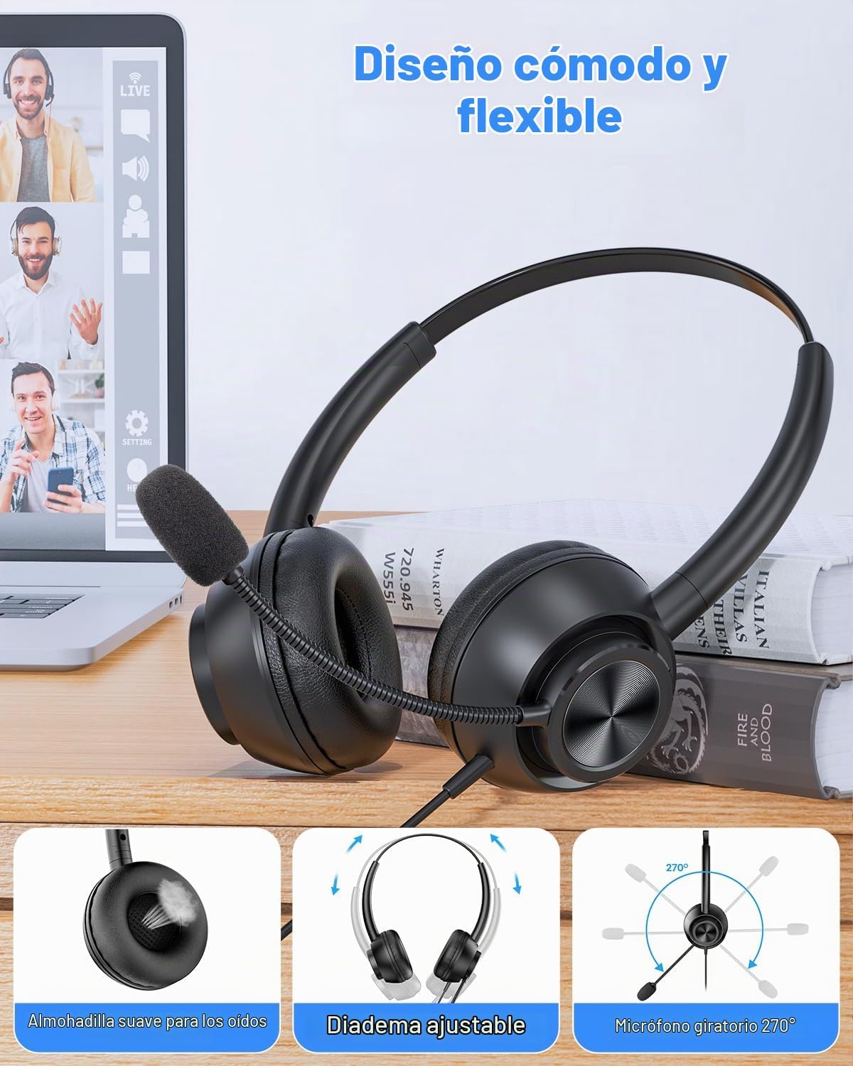 Auriculares USB con micrófono para PC, portátil, oficina, teléfono,...