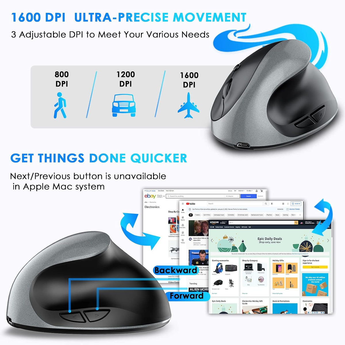 Ratón inalámbrico vertical ergonómico derecho tipo C recargable 6 r...