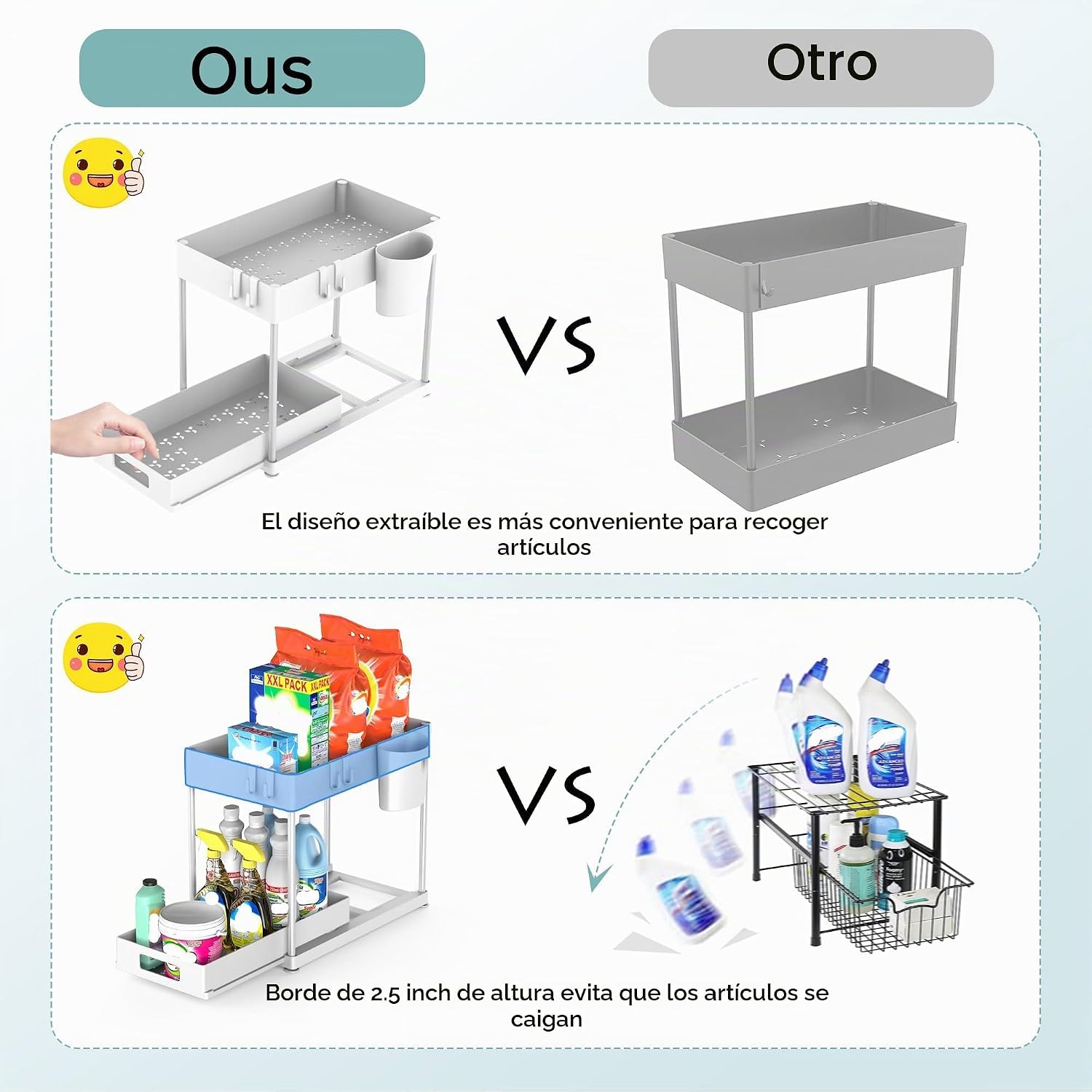 Paquete de 2 organizadores debajo del fregadero con cajón extraíble...