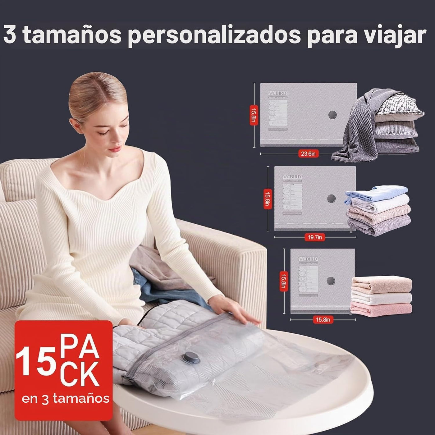 Vacbird Paquete de 15 bolsas de almacenamiento al vacío para viajes...