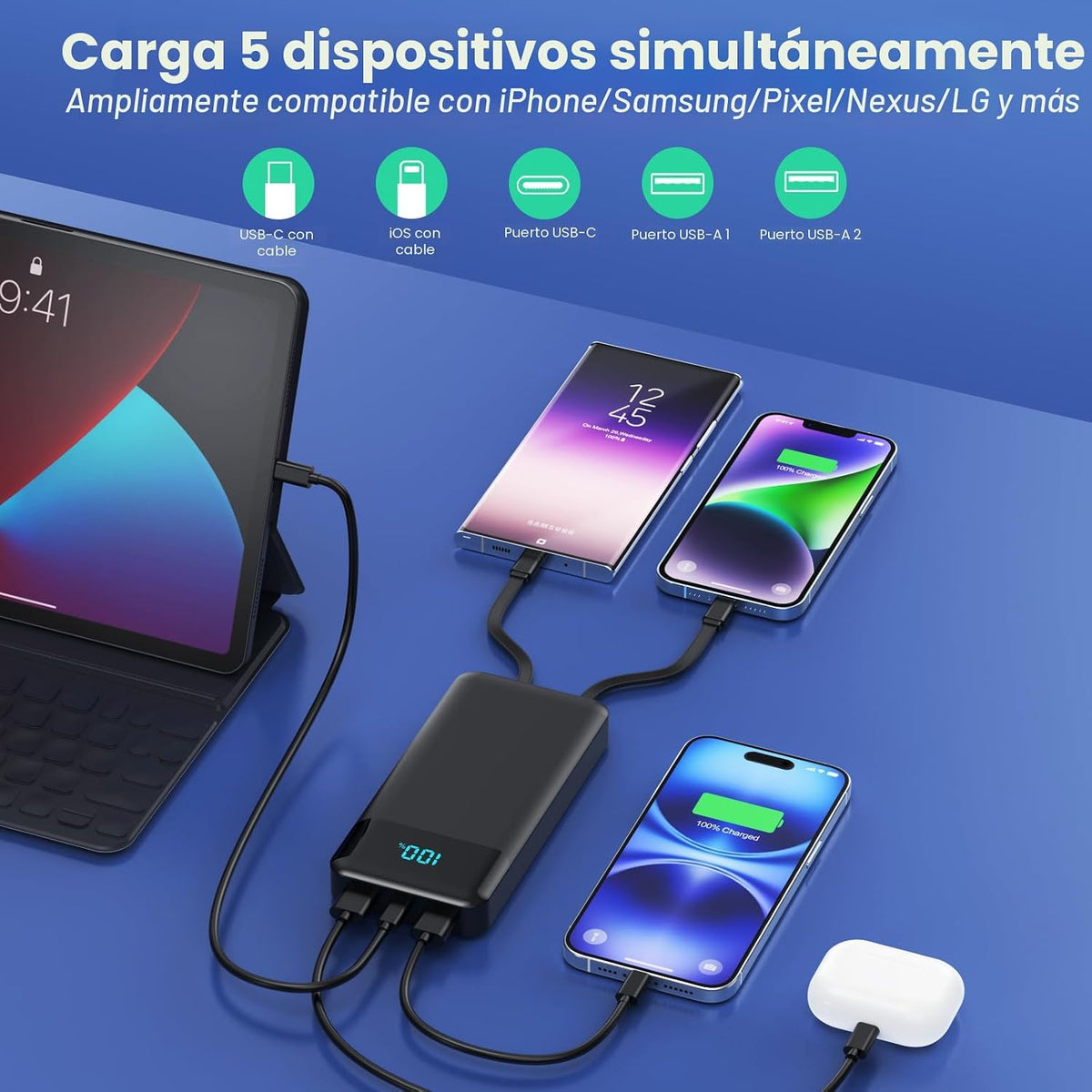 Cargador portátil de 40800 mAh con 3 cables integrados, carga rápid...
