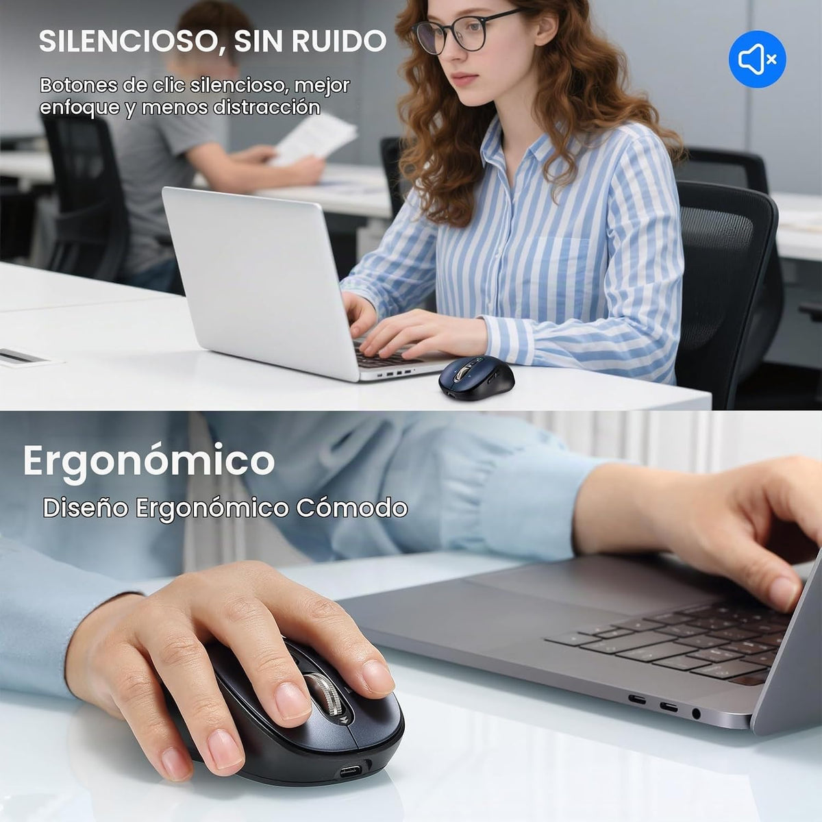 Ratón inalámbrico Bluetooth para portátil, USB+BT×2, carga USB-C, r...