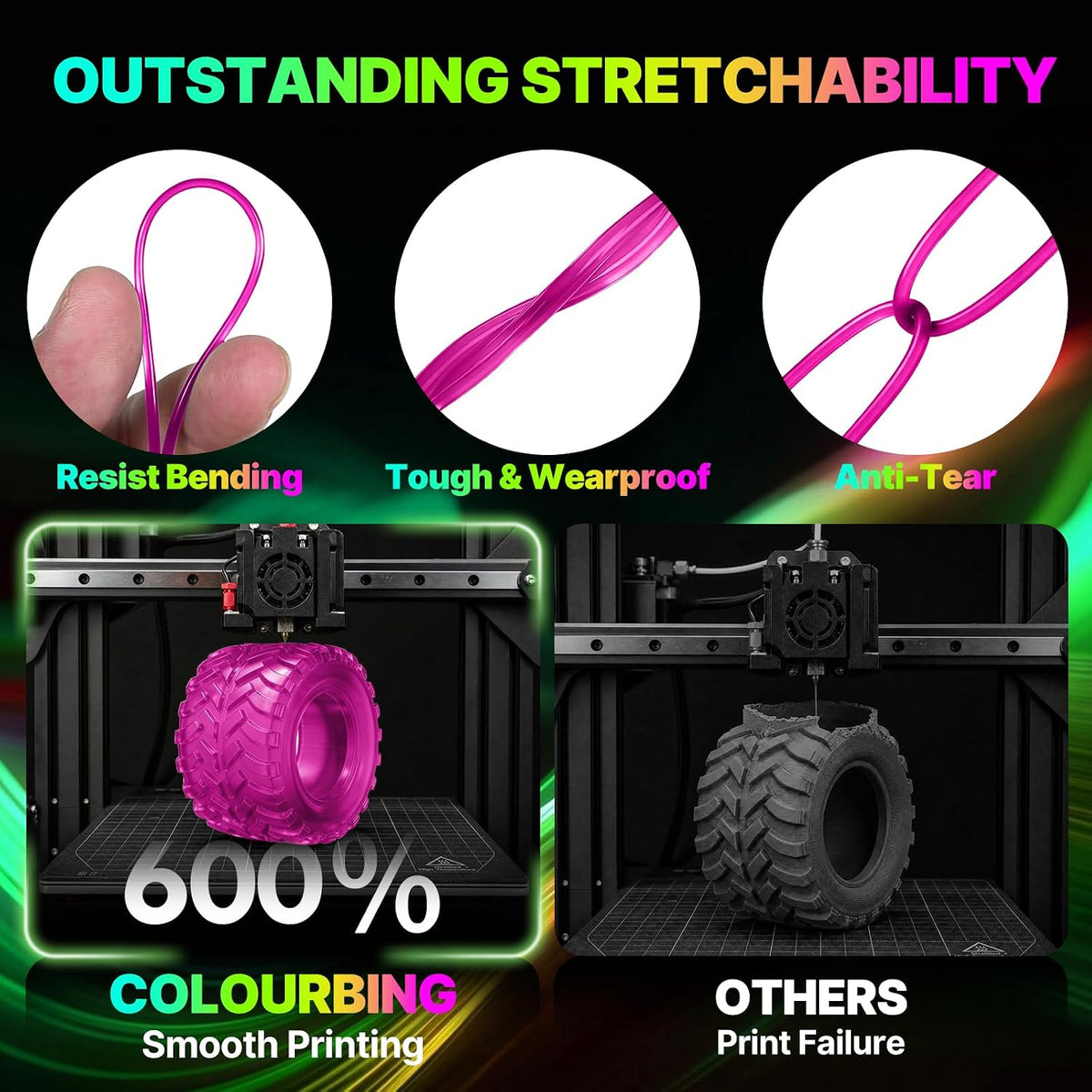 Colourbing Filamento flexible de TPU 95A para impresora 3D, suave y...