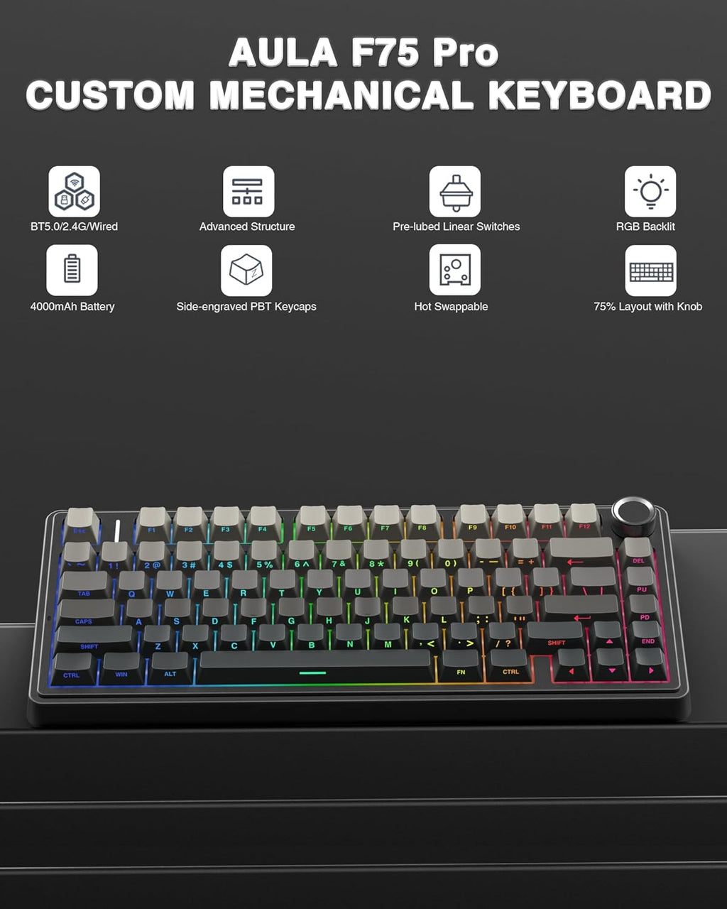 Teclado mecánico inalámbrico AULA F75 Pro, teclado personalizado in...