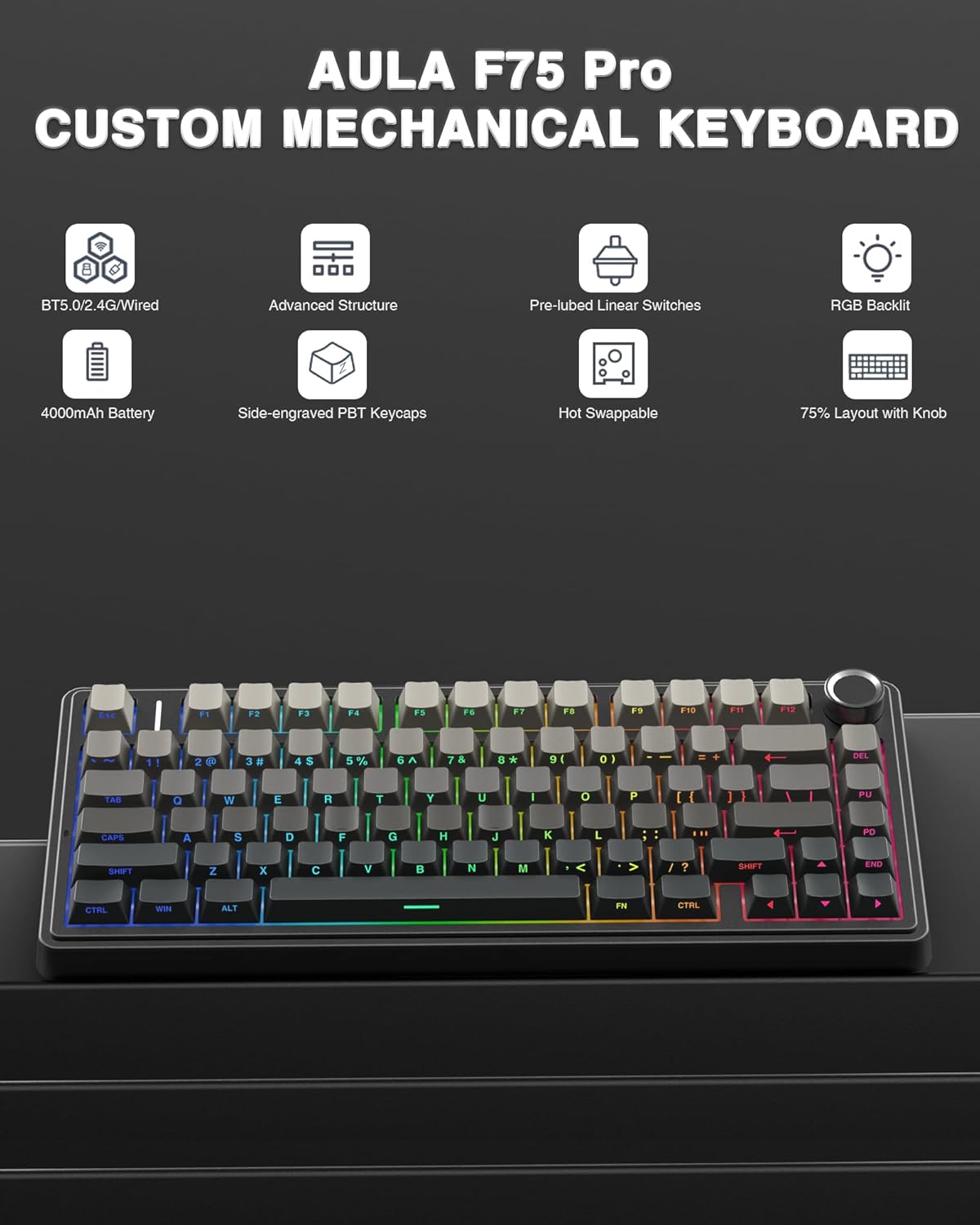 Teclado mecánico inalámbrico AULA F75 Pro, teclado personalizado in...
