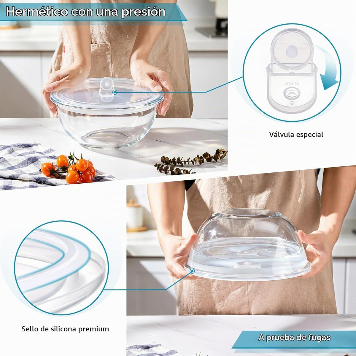 E-far Tazón para mezclar de vidrio con tapa hermética, cuenco grand...