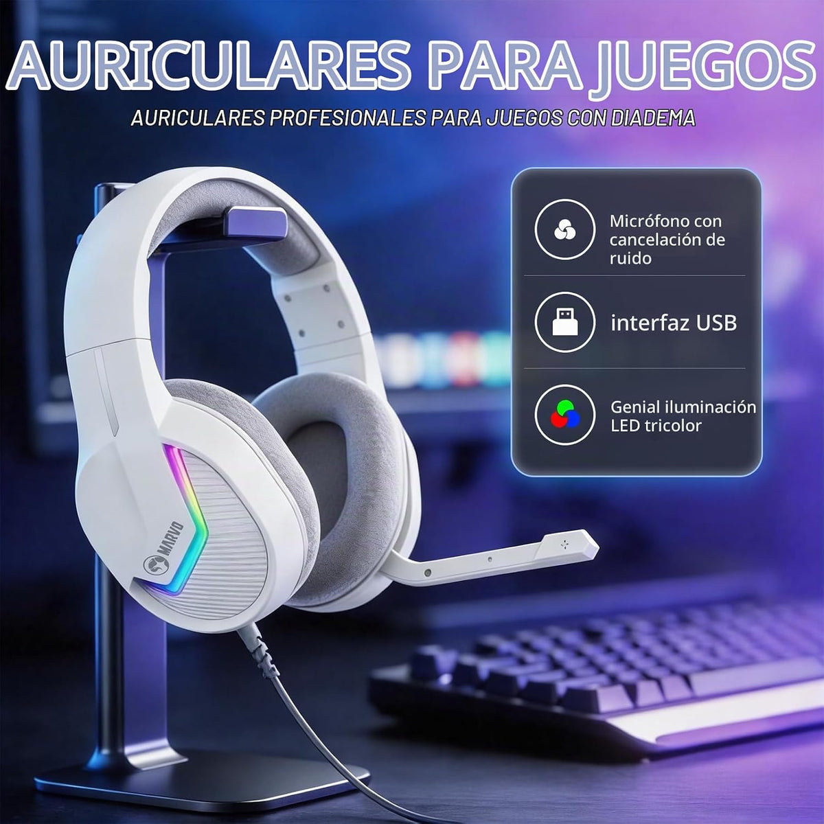 MARVO Auriculares USB para juegos con micrófono, auriculares con ca...