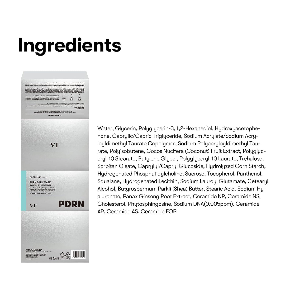 VT COSMETICS PDRN Mascarilla hidratante diaria, 30 hojas | PDRN veg...