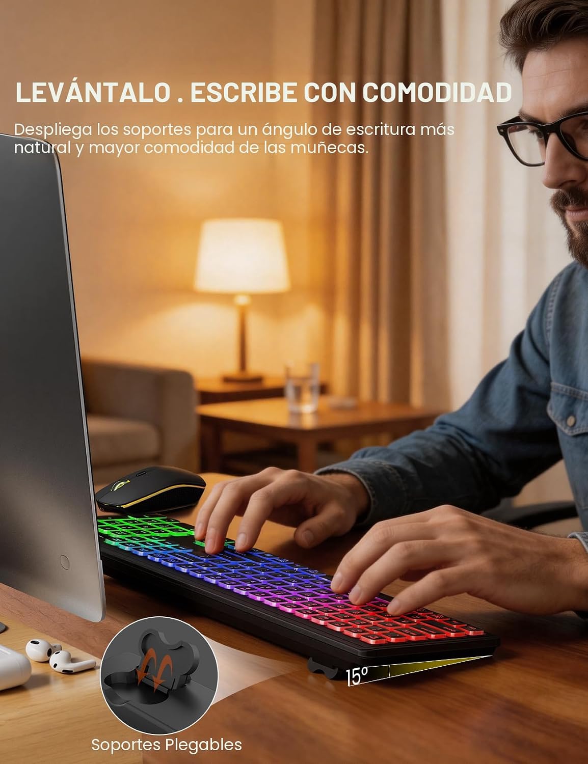Combo de teclado y mouse inalámbricos con retroiluminación RGB, rec...