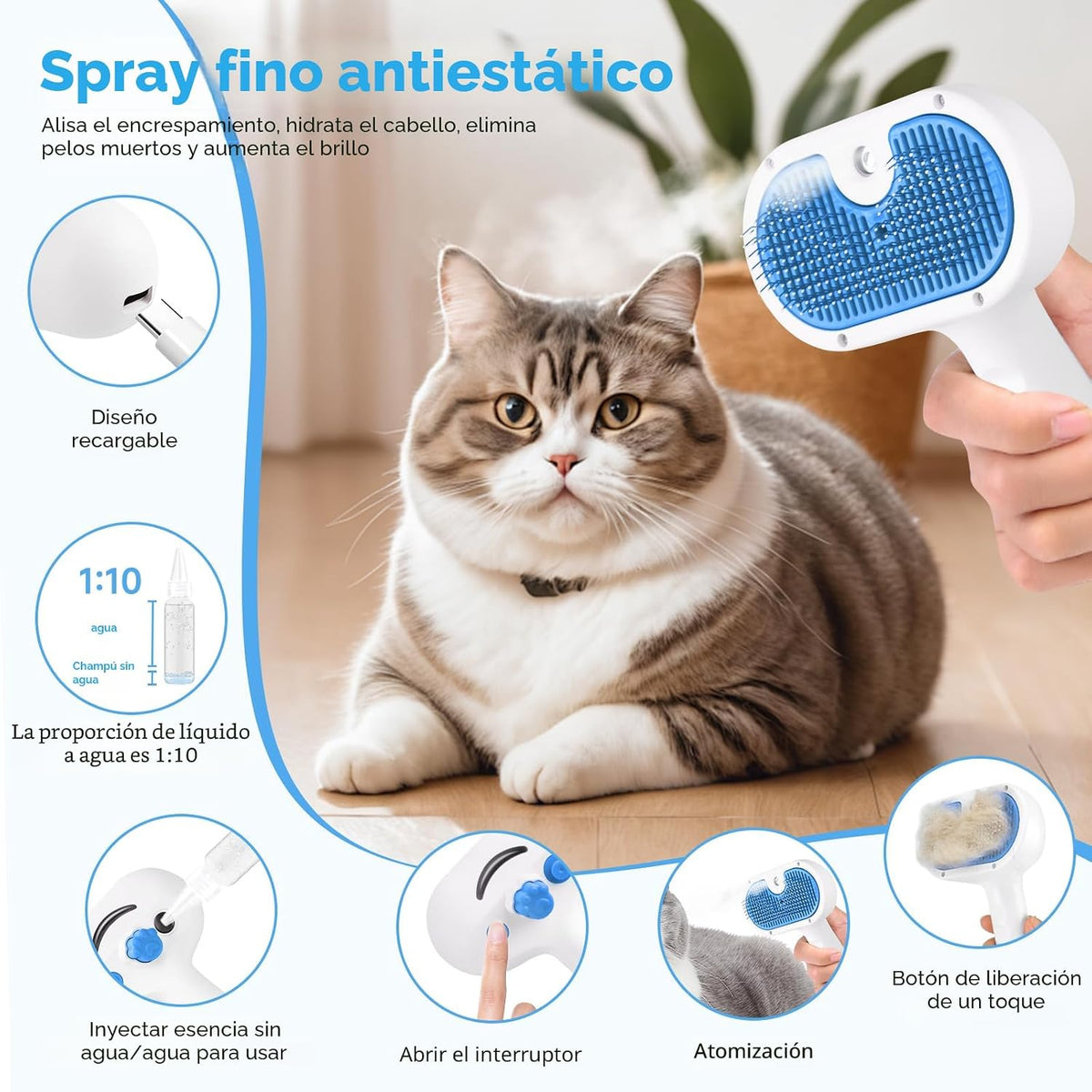 Cepillo de vapor para mascotas, cepillos para gatos de interior - 1...