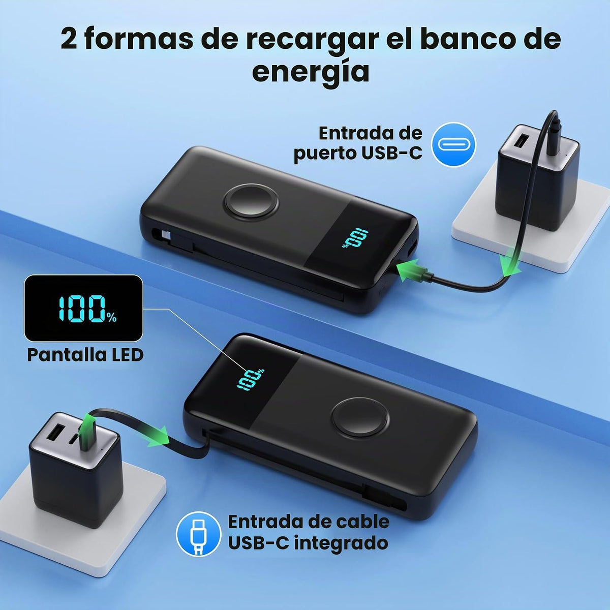 AONIMI Cargador portátil de 40800 mAh con 2 cables integrados, 25 W...
