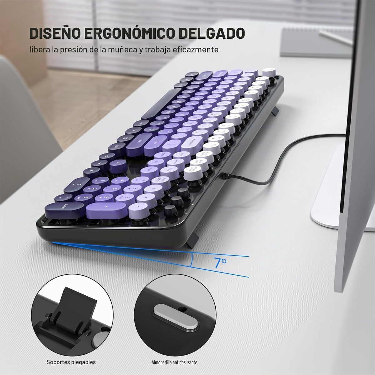 MOWUX Teclado de computadora con cable, teclado USB redondo retro P...