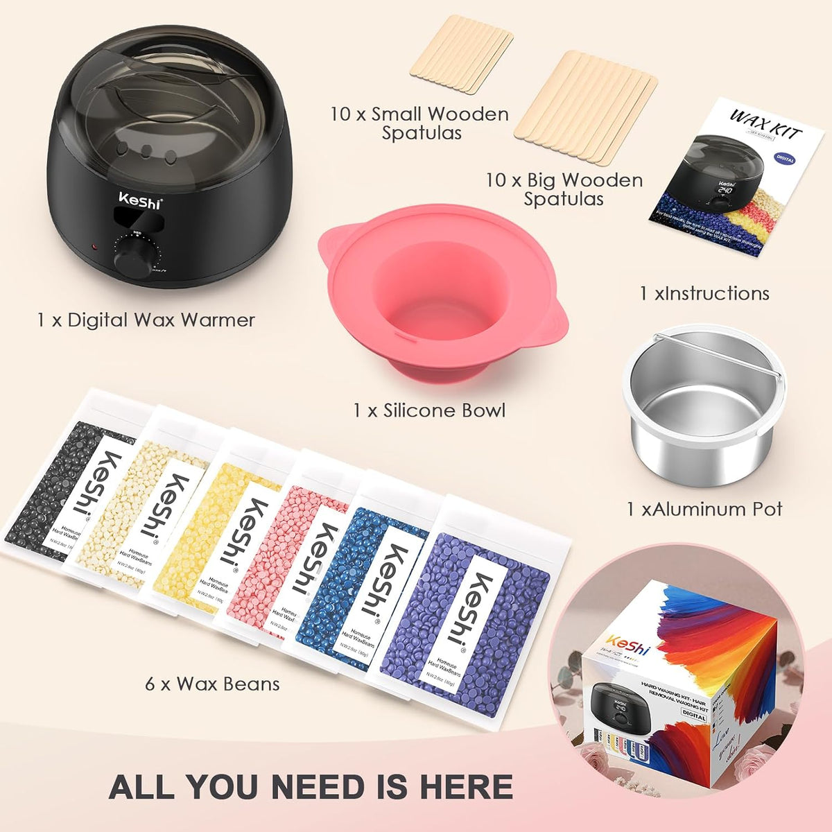 KeShi Kit de depilación para mujeres y hombres, calentador de cera...