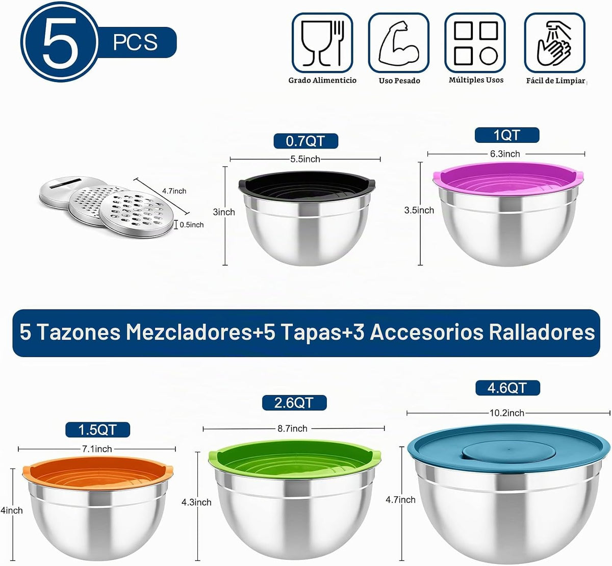 TeamFar - Juego de cuencos para mezclar con tapas, 5 piezas de acer...