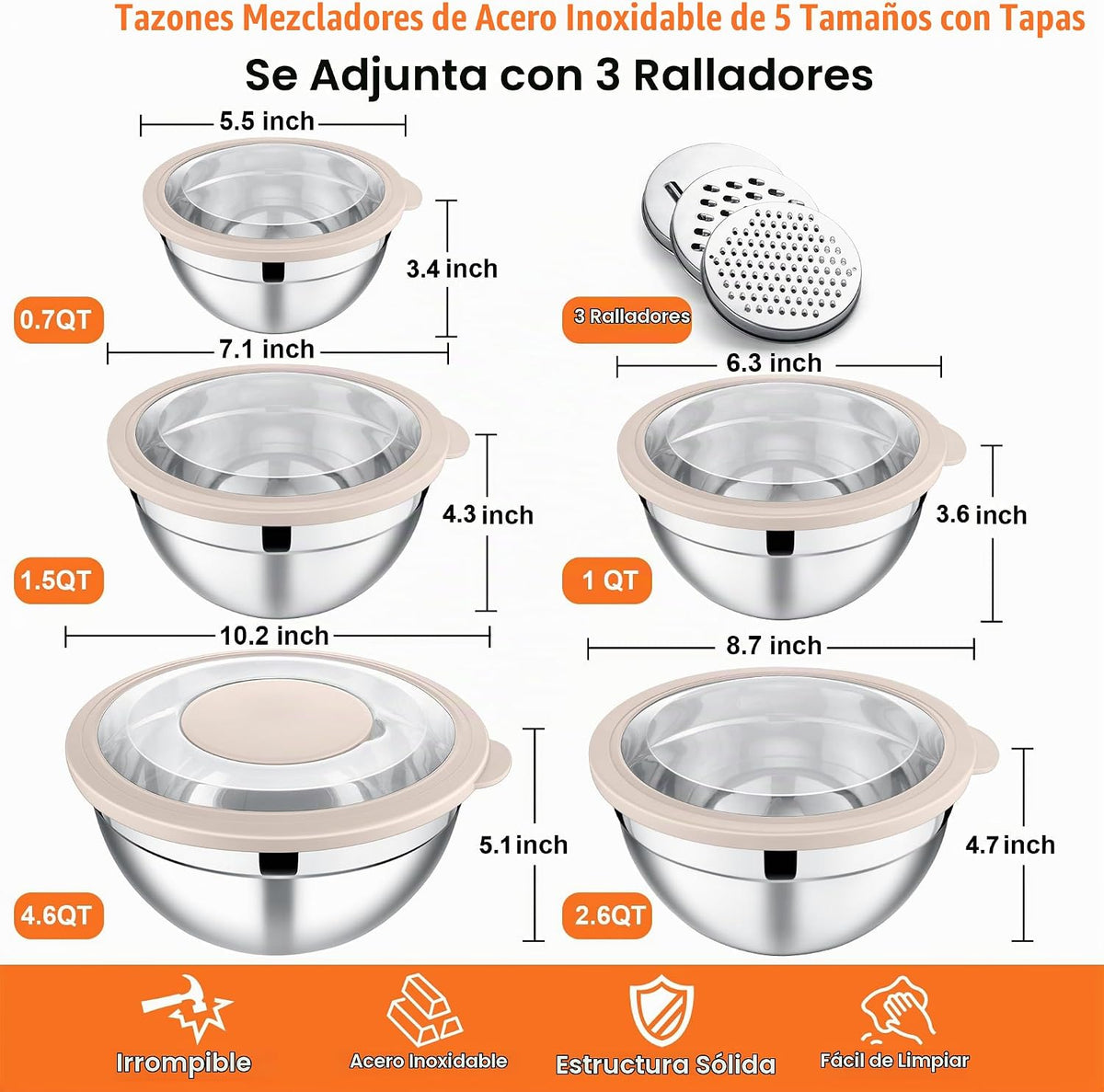 E-far Juego de cuencos de mezcla de 5, cuenco de mezcla de ensalada...