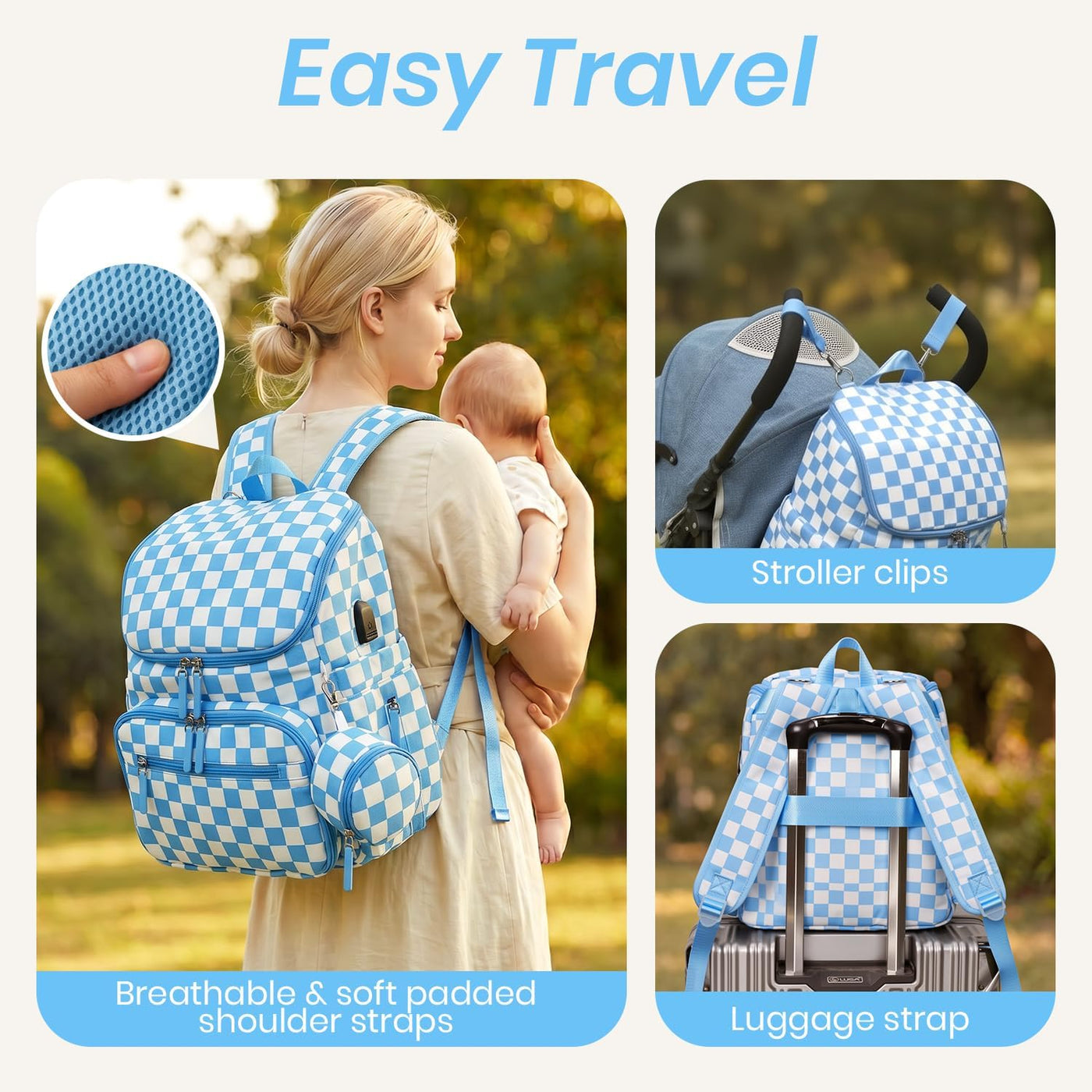 FHELAD Mochila de pañales a cuadros con cambiador y clips para coch...
