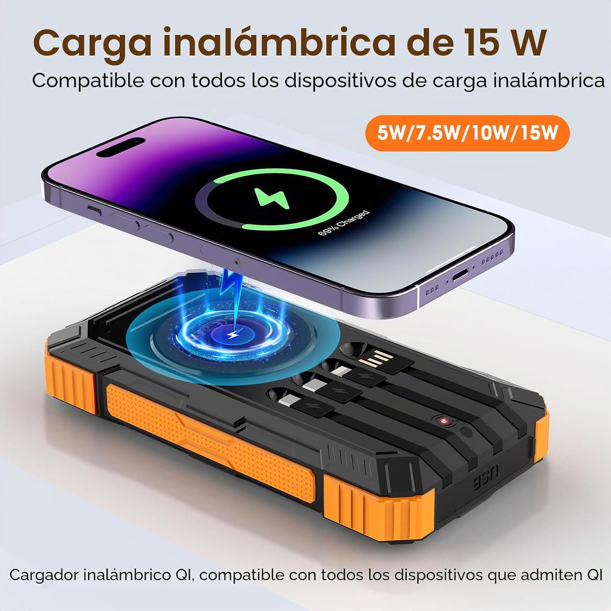 Banco de energía solar, cargador de teléfono portátil inalámbrico d...