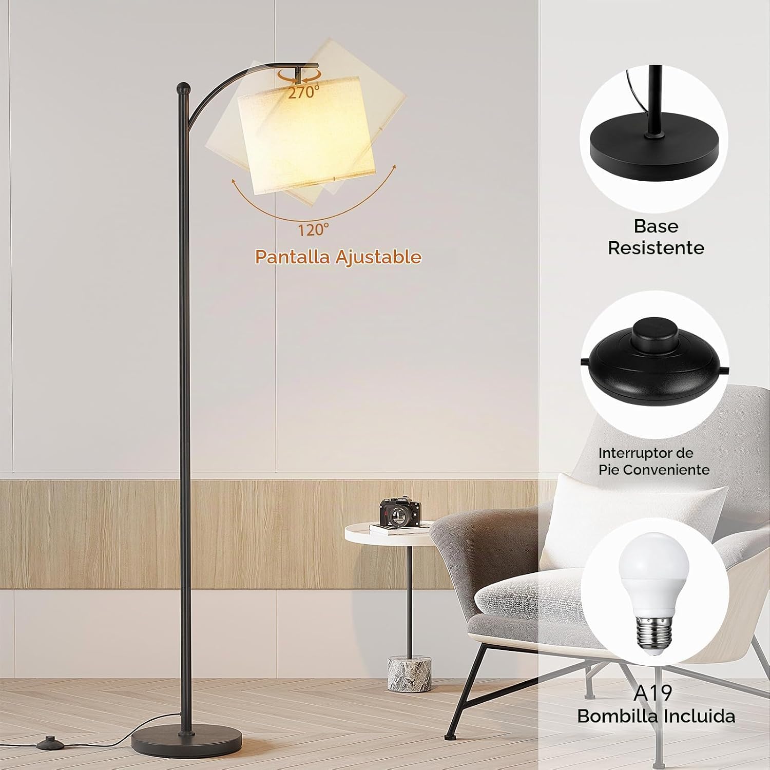 SUNMORY Lámpara de pie de arco, moderna lámpara de pie con bombilla...