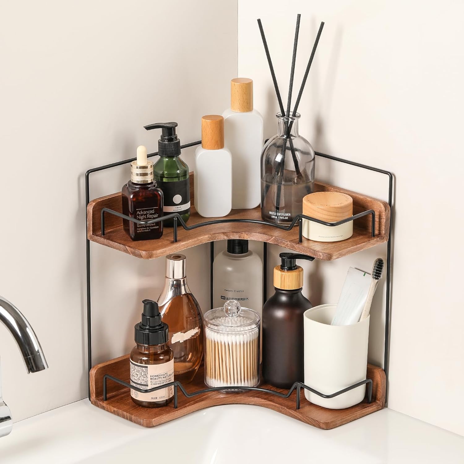 Snuvid Organizador de mostrador de baño de 2 niveles, estante esqui...