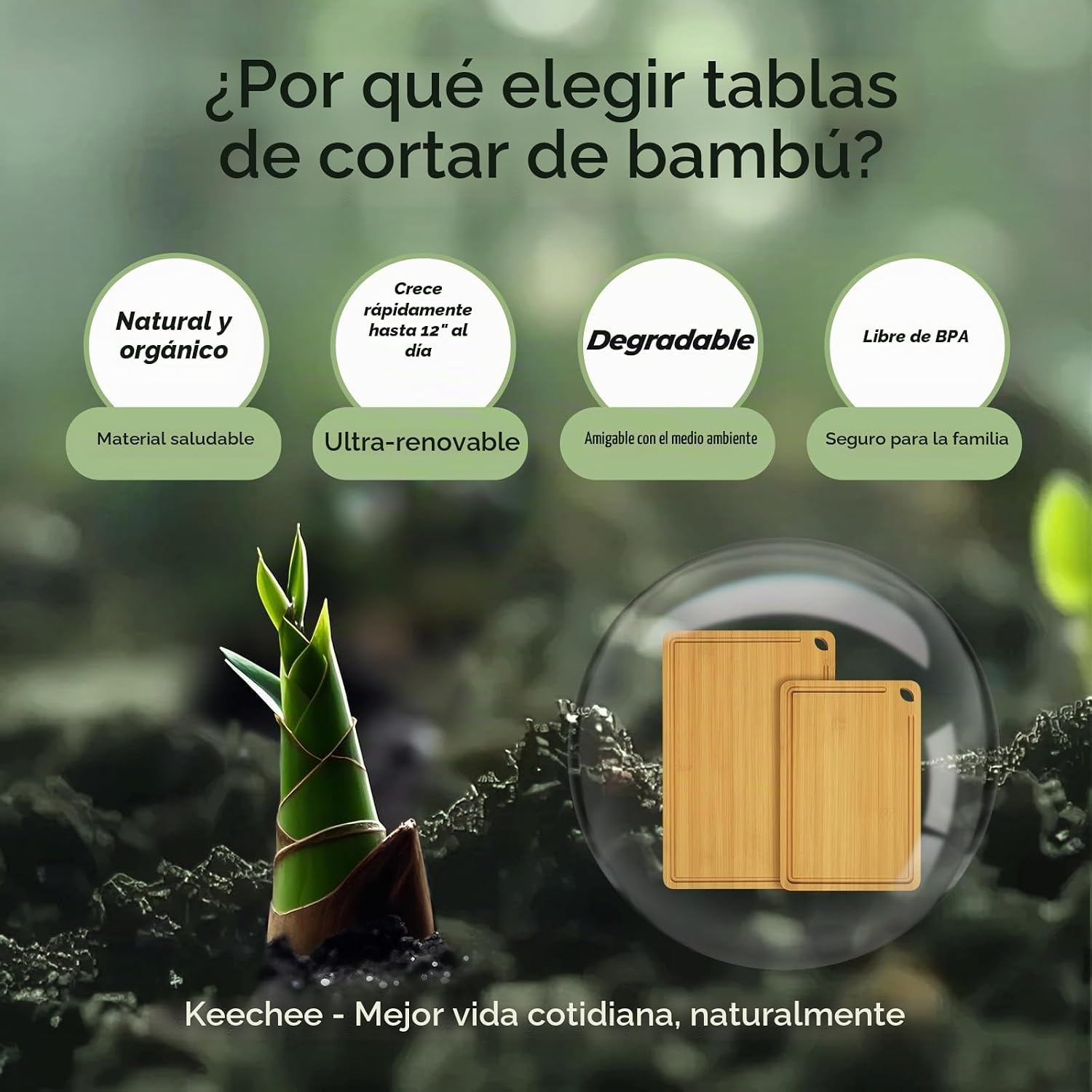 Keechee Tabla de cortar 2 piezas de bambú natural con canales de ju...