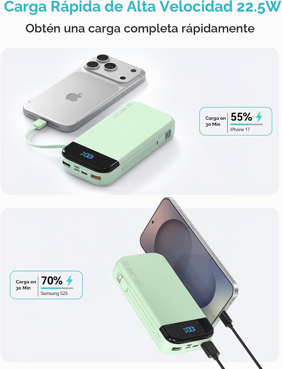 Banco de baterías para teléfono 32000 mAh 22,5 W con cables integra...