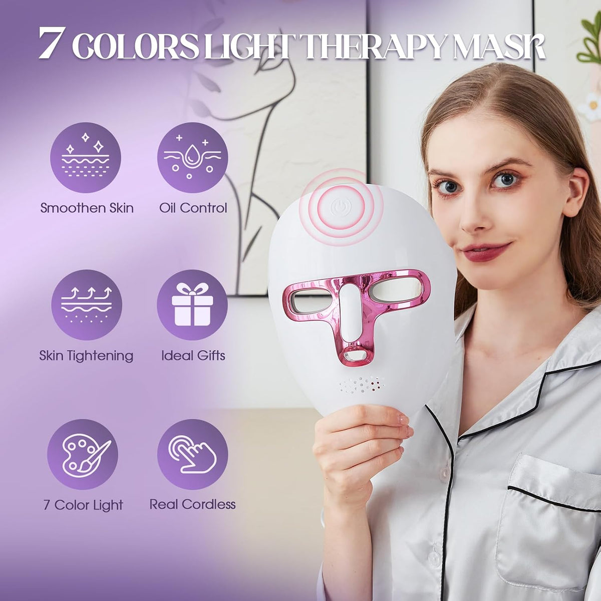 Terapia de luz roja para cara, máscara facial LED de 7 colores, rec...