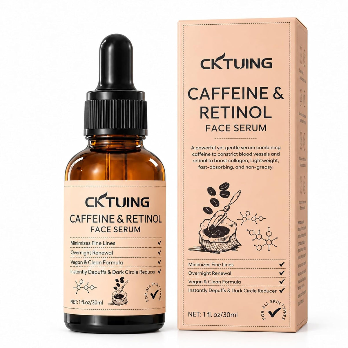 Suero facial de cafeína y retinol con ácido hialurónico, niacinamid...