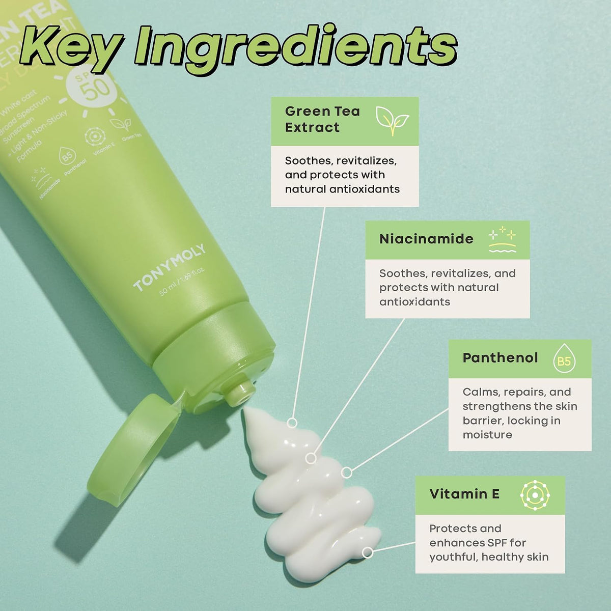 TONYMOLY Protector solar facial de té verde SPF 50+ PA++++, sin yes...