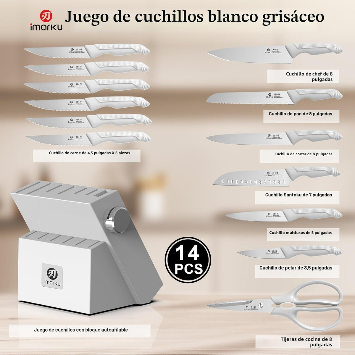 imarku Juego de 14 cuchillos japoneses de acero inoxidable para coc...