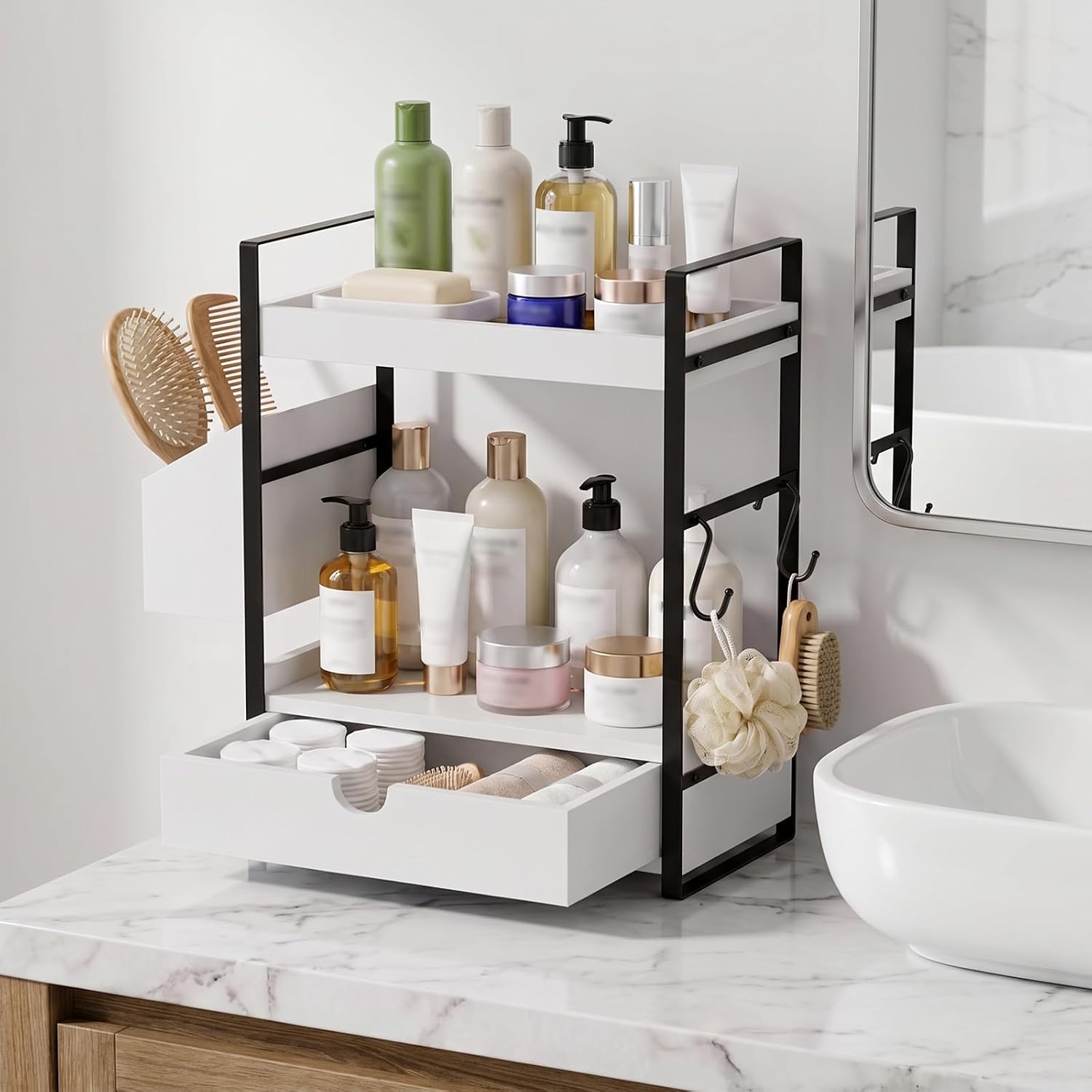 Kottwca Organizador de mostrador de baño de 2 niveles con cajón, ce...