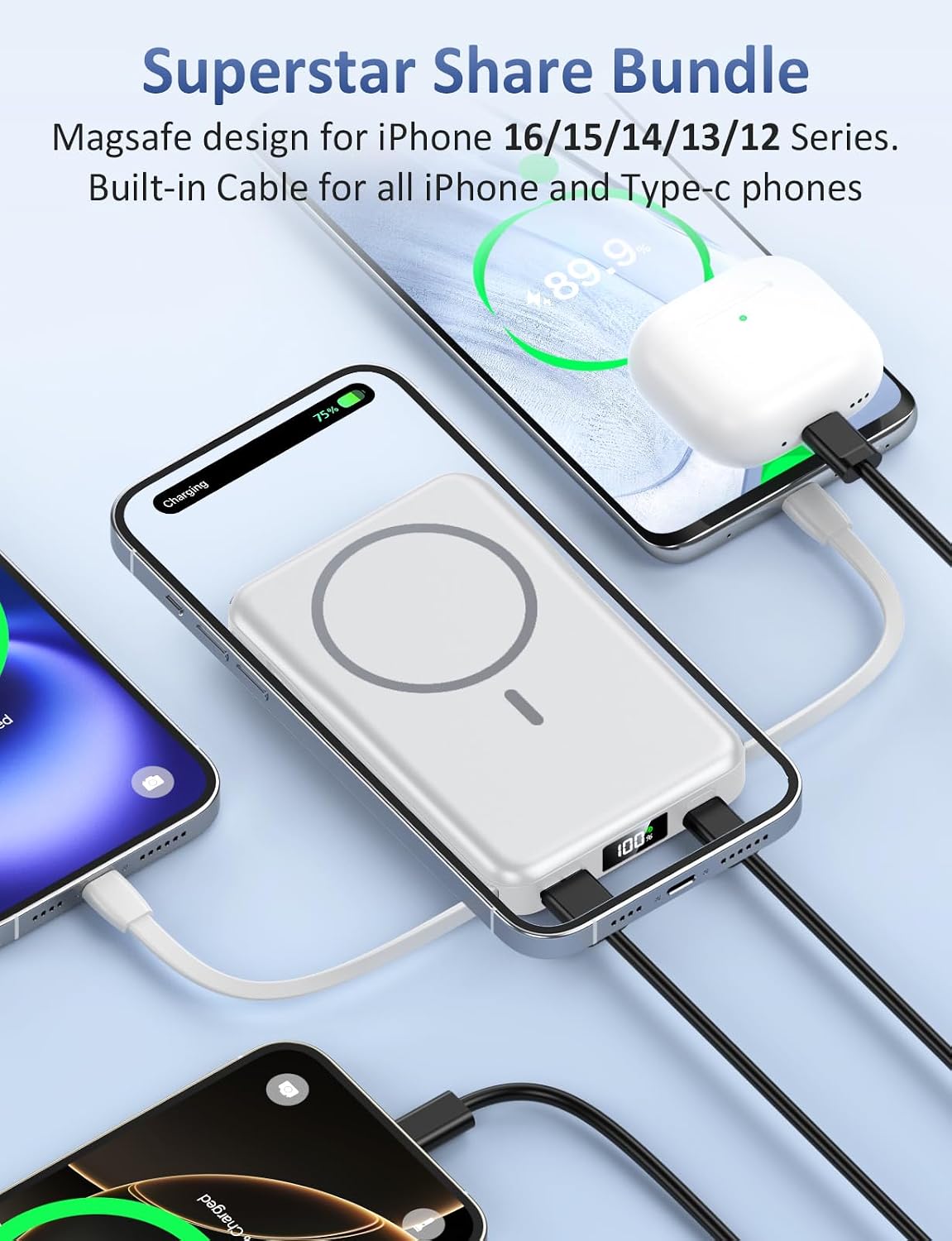 Cargador portátil magnético 10000mAh, banco del poder 20W con cable...