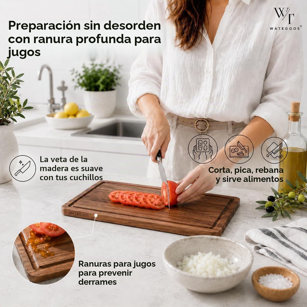 Juego de 2 tablas de cortar de madera de acacia para cocina, tablas...