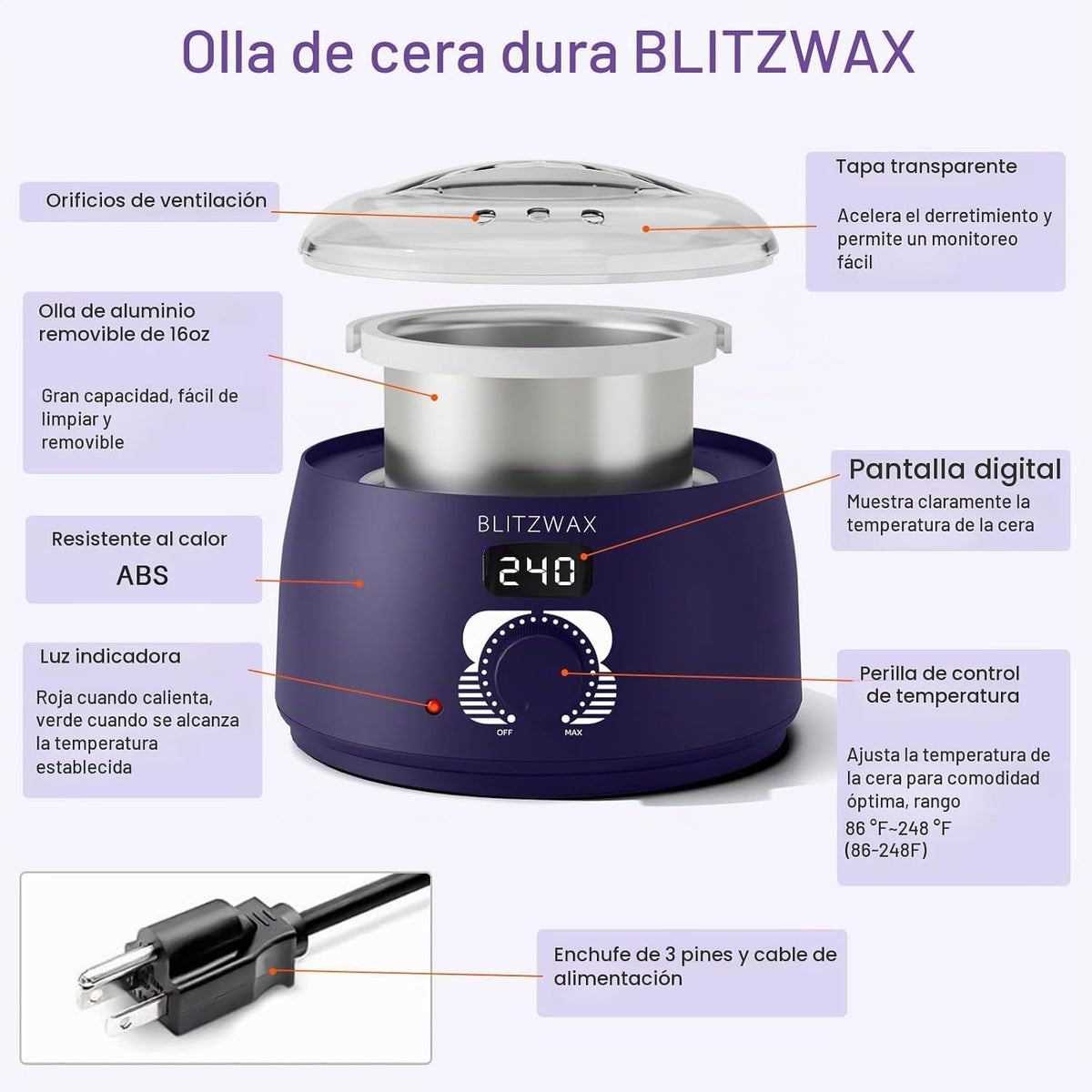 BLITZWAX Olla de cera individual, calentador de cera dura para cara...