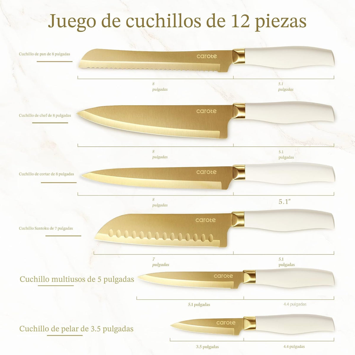 CAROTE Juego de cuchillos de cocina, 6 cuchillos dorados con 6 prot...