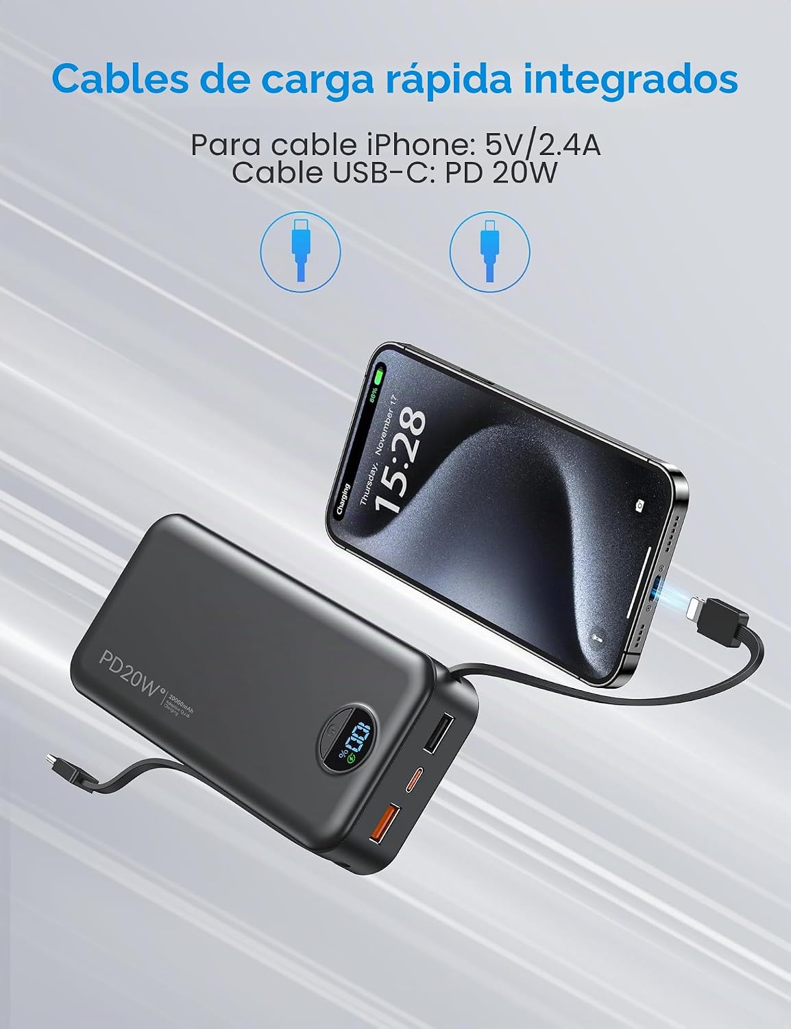 Cargador portátil Ffnpua 20000mAh PD20W con cables incorporados | C...