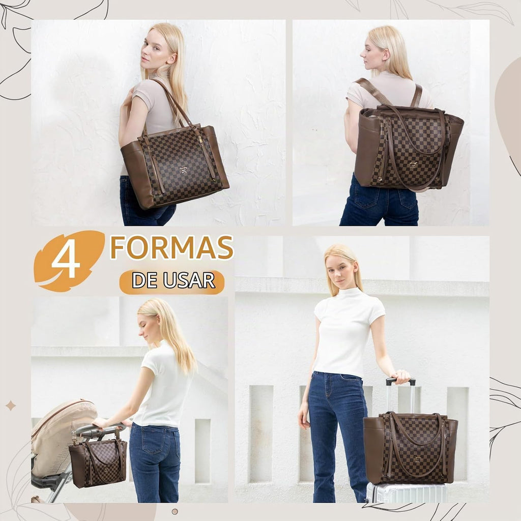 Miss Fong Bolso de pañales de cuero con diseño a cuadros, mochila d...