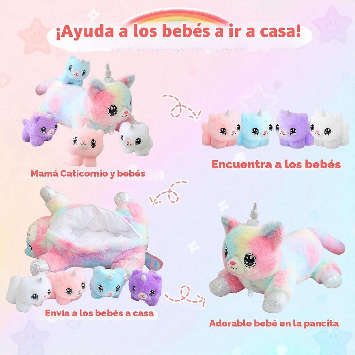 SQEQE Gato Unicornio de Peluche Mamá Gato Unicornio con 4 Lindos Ga...