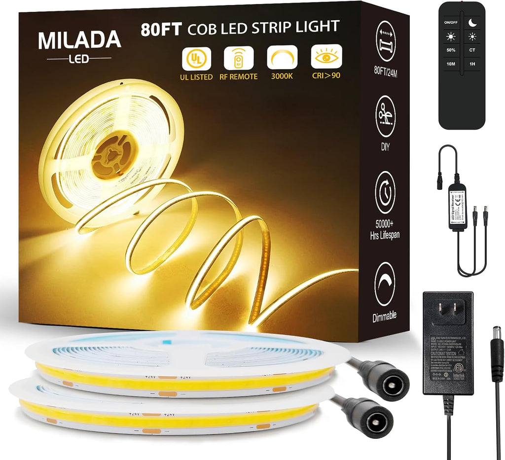 MILADALED 80FT\/24M COB Tira de luz LED 3000K Blanco cálido | Tira...
