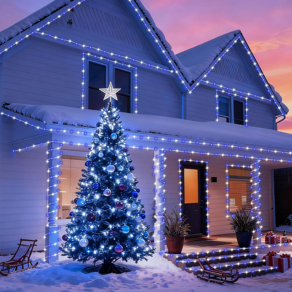 QITONG 200 luces LED solares de cuerda azul y blanco