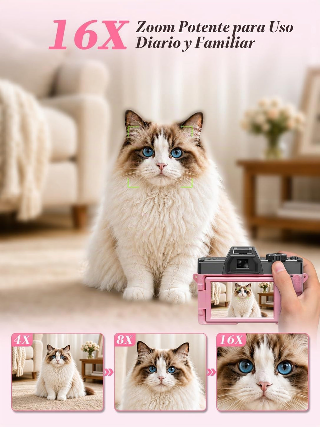 Cámara digital True 5K 64MP para fotografía (rosa intenso) | Enfoqu...