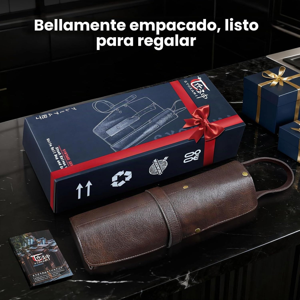 SYOKAMI Juego de 6 cuchillos para carne con rollo de cuero portátil...