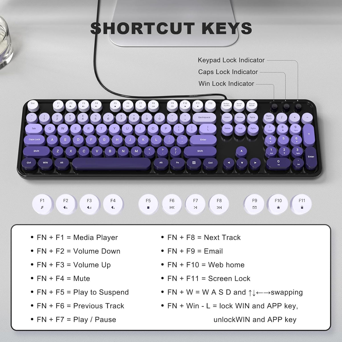 MOWUX Teclado de computadora con cable, teclado USB redondo retro P...