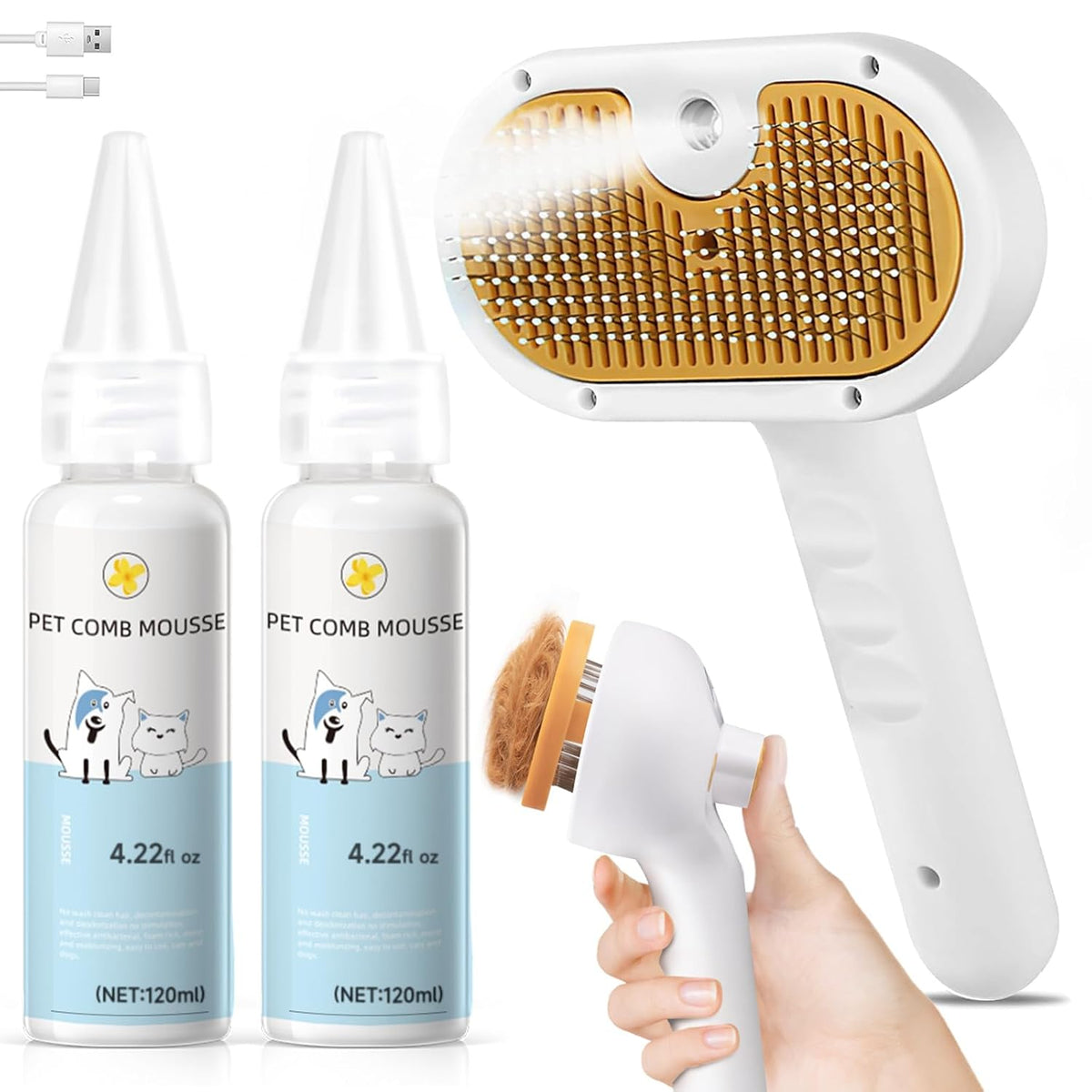 Cepillo de vapor para mascotas para perros y gatos, incluye 2 champ...