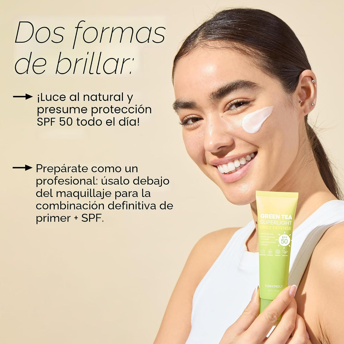 TONYMOLY Protector solar facial de té verde SPF 50+ PA++++, sin yes...