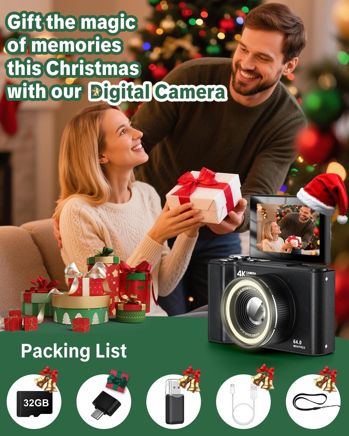 W &amp; O Cámara digital 4K para fotografía, cámara digital para ni...