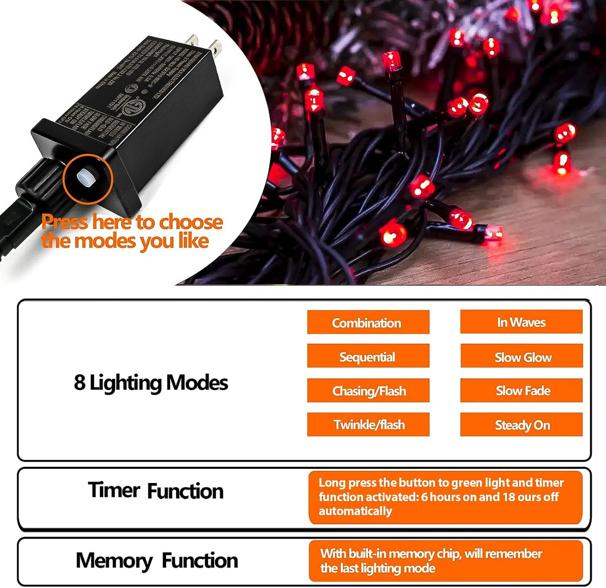 YIQU 75.8 FT 200 LED Extensible Rojo Navidad Cadena Luces Interior...