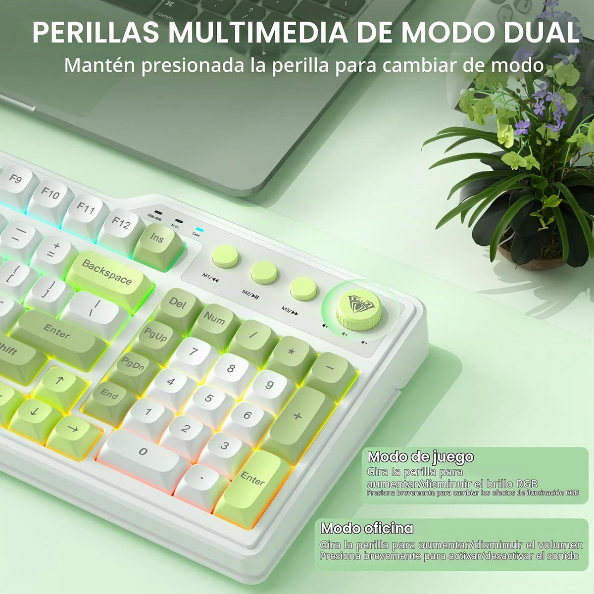 Teclado inalámbrico Aula F3099 con mando multimedia, teclado tri-mo...